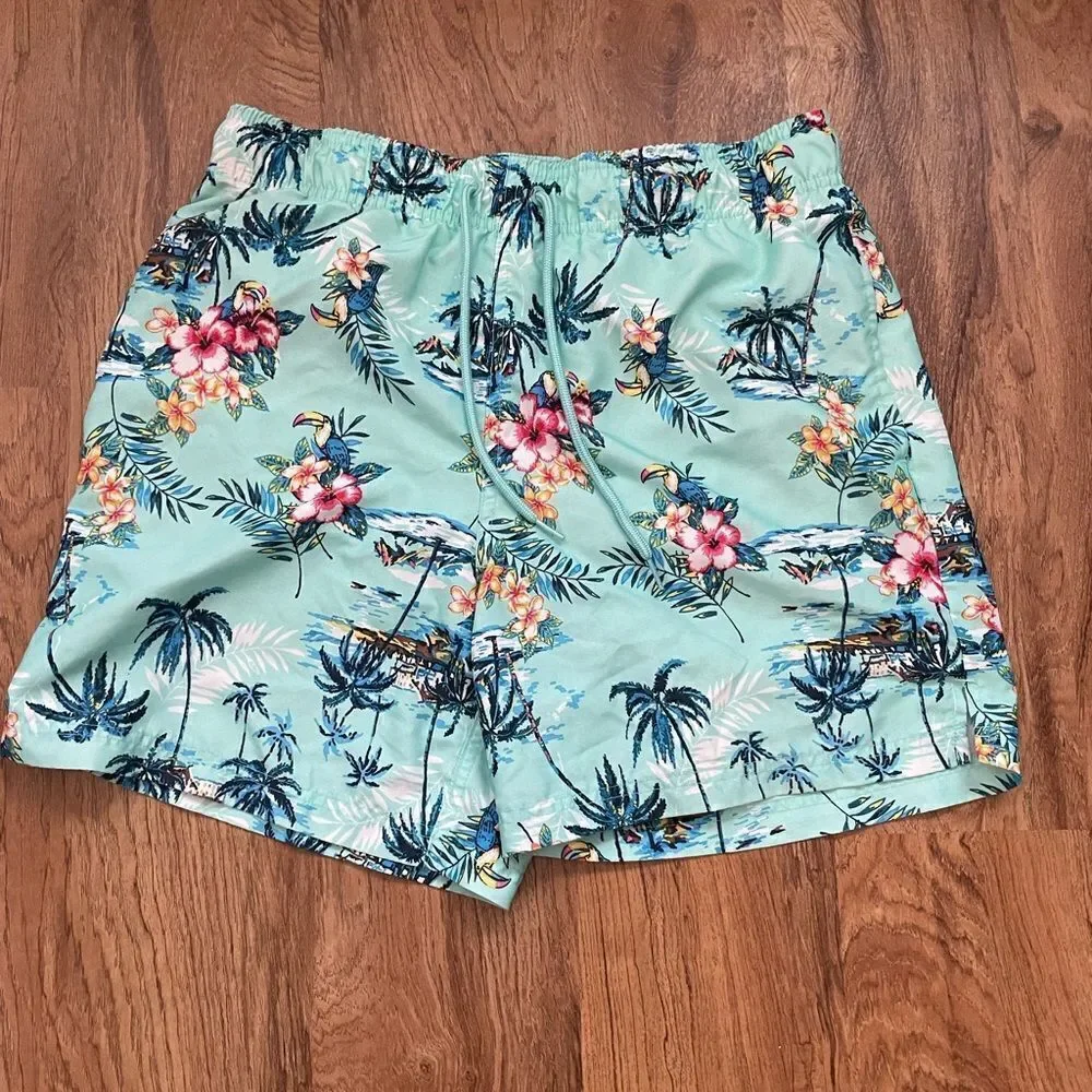 George Mens aqua Hawaiian floral swim trunks‎